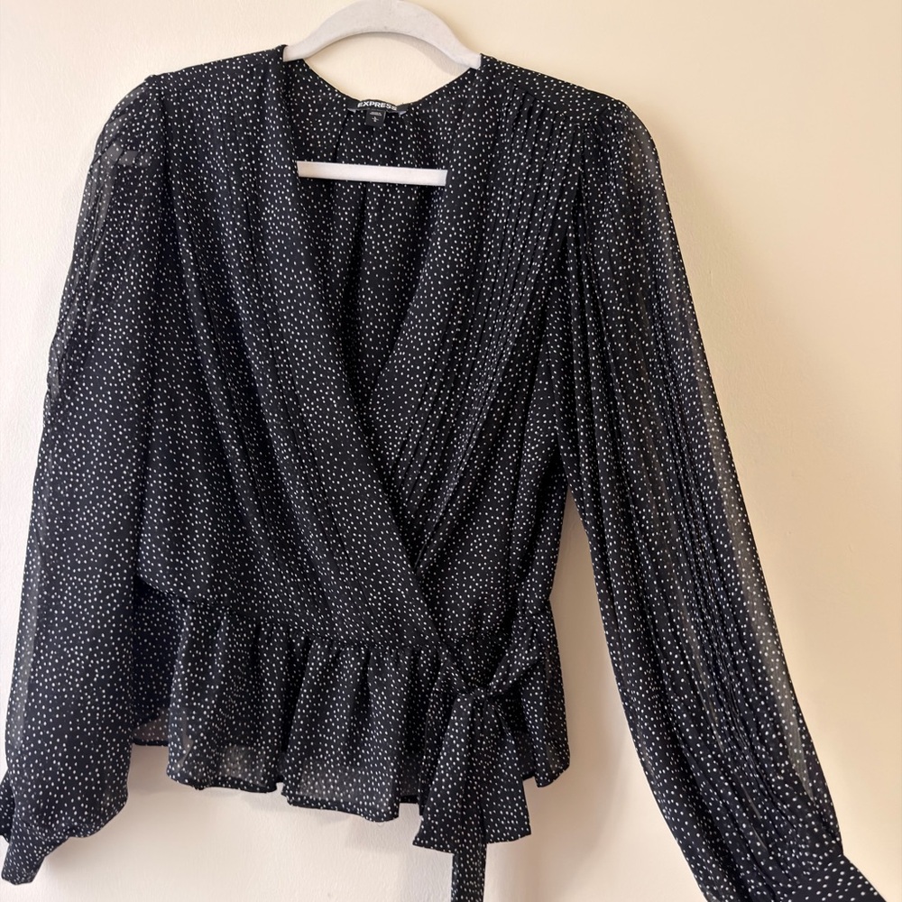 Express Black and White Dotted Wrap Blouse